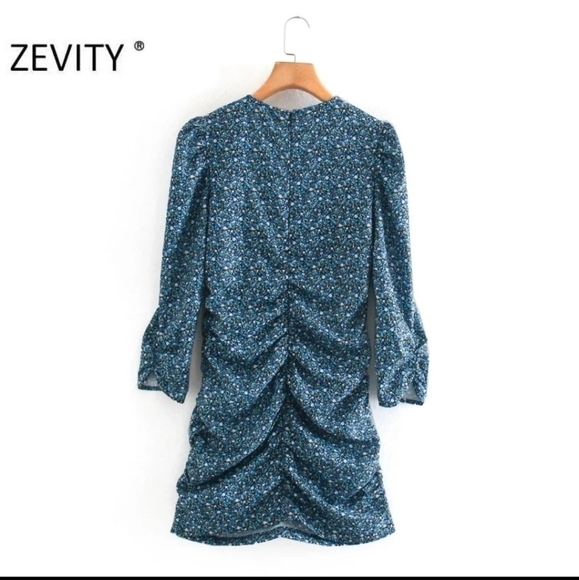 Blue Ditsy Floral Mini Ruched Dress - Picture 3 of 9